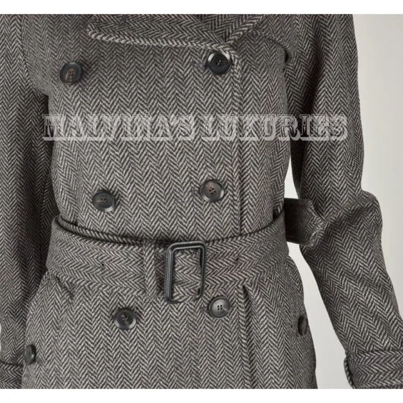 GUCCI COAT GREY WOOL HERRINGBONE DOUBLE BREASTED LONG JACKET IT42/ US6